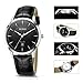 BUREI Men's Date Quartz Dress Watch with Black Leather Strap and Black Dial
