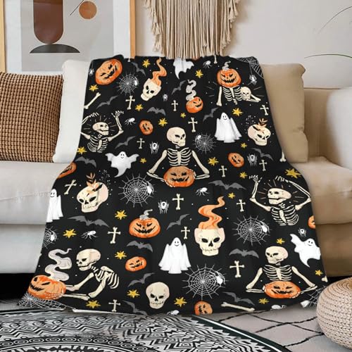 Hojizaio Halloween Blanket Black Ghost Spooky Spider Fall Blanket for Children Women Men Candy Skull Pumpkin Bat Webs Halloween Blanket Decorations for Couch，Bed，Living Room 30