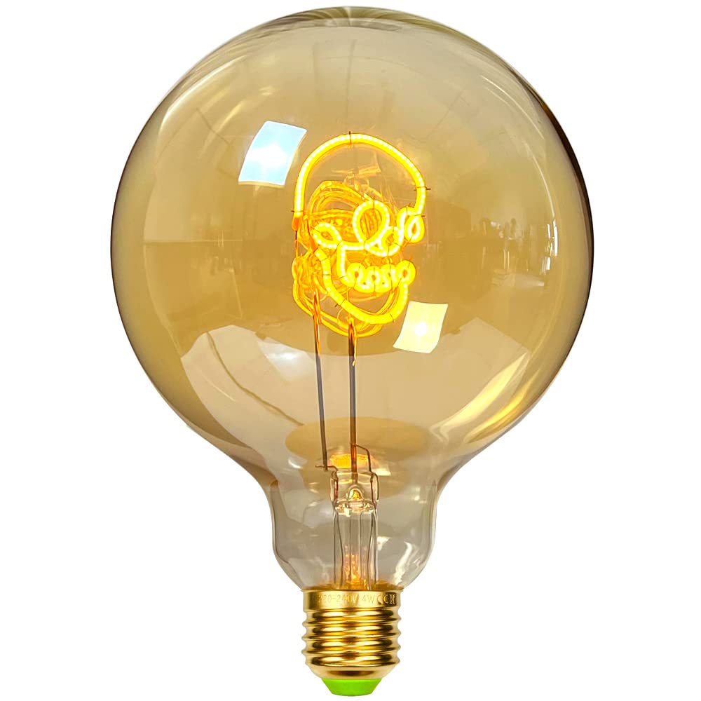 Tianfan G125 4W Vintage Edison Bulb with Dimmable Warm Yellow Light, Skull Shaped Filament, E27 Base, 200lm Equivalent to 25W Incandescent, Decorative Table Lamp Bulb, Gold Glass Color