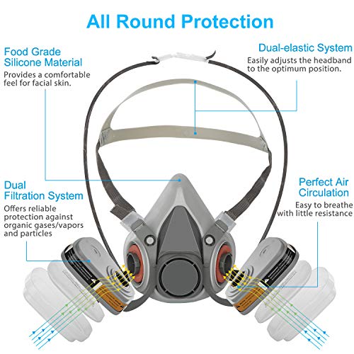 IVSUN Respirator Mask with Safety Glasses Half Facepiece Gas Mask Reusable Professional Breathing Eye Protection Against Dust, Organic Vapors, Pollen and Chemicals for Paint and DIY Projects