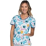 Tooniforms By Cherokee Women's V-Neck Cookie Monster Print Scrub Top Large Print