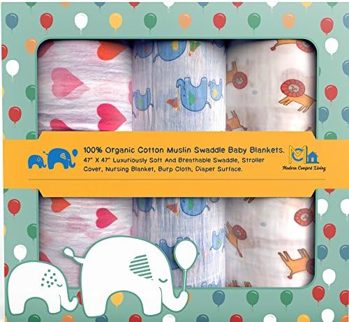 Muslin Swaddle Blankets by Modern Comfort Living, 100% Organic Cotton Receiving Blankets, Luxuriously Soft &amp; Breathable, Unisex for Baby Boys &amp; Girls | Large 47"x47" (3 Pack)