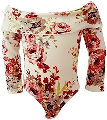Big Girls Beige Red Flower Print Off-Shoulder Long Sleeve Leotard 10