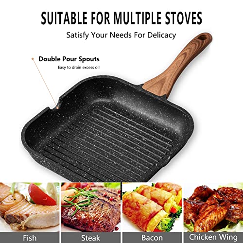 ESLITE LIFE 9.5 Inch Nonstick Grill Pan for Stove Tops with Lid