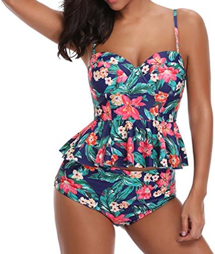 Bikinis Women 2018 High Waist Swimsuit Bodysuits Swimwear Ruffle Print Bathing Suits Beach Wear Two Piece Tankini Set Floral,Shower,M