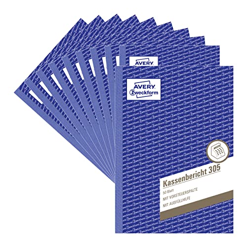 AVERY Zweckform 305-10 Cash Report (A5, Micro-Perforated, Approved by Legal Experts, for Germany and Austria for Properly, Cost-Effective Accounting, 50 Sheets) Pack of 10, White