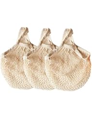 Ahyuan Ecology Reusable Cotton Mesh Grocery Bags Cotton String Bags Net Shopping Bags Mesh Bags Pack of 3 (Beige)