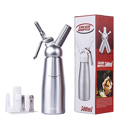 Professional Whipped Cream Dispenser, Aluminum Cream Whipper, 3 Sainless Steel Nozzles and 3 Plastic Pastry Tube, for Baking and Beverages (500ml)