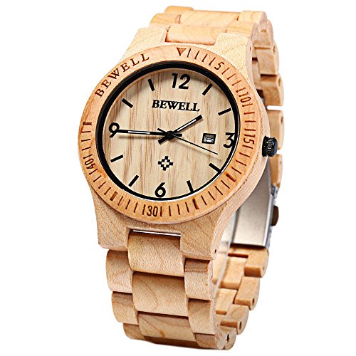 Handmade Solid Wooden Wrist Watch, CEStore® BEWELL Unique Wood Design Natural Maple Wood Super Light Japanese Quartz Movement Watch with Date Calendar Display for Men and Women