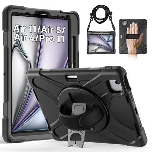 Gerutek Shockproof Case for iPad Air 11 inch M4/M3/M2 (2026/2025/2024)/Air 5th/Air 4th/iPad Pro 11 (4th/3rd/2nd/1st Gen), Heavy Duty Case with 360 Rotating Stand, Hand Strap and Shoulder Strap, Pen Holder, Black