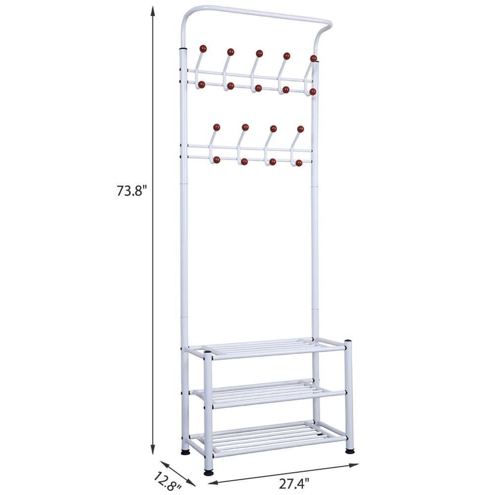 Yaheetech Metal 18 Hooks Coat Garment Rack with 3 Tier Shoes Rack Shelves Hall Tree Storage Organizer for Entryway, White