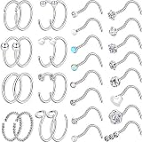 Chinco 32 Pieces C-Shaped Nose Ring L-Shaped Hoop Tragus Nose Studs Bone Curved Hoop Tragus Cartilage Hoop Piercing (Style Set 3, Steel Color)
