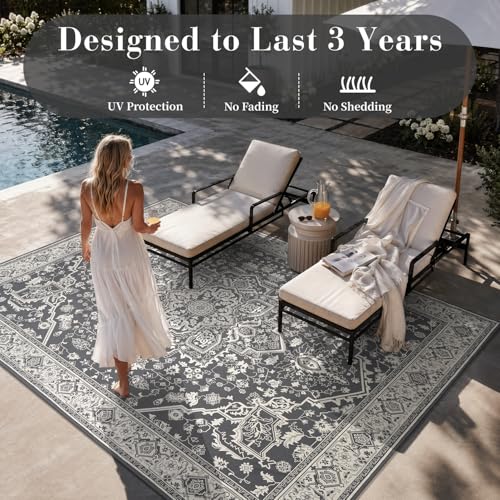 Engiw-Outdoor Rug-Patio Rug 8x10 Textured Weave Machine Washable Quick Dry Outdoor Carpet Braided Vintage Non Slip Indoor Outdoor Rug for Deck Porch Balcony Backyard Blackish Grey