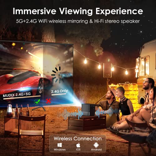 MUDIX Native 1080P Projector, 5G WiFi Projector 4K Support, 4P Keystone&Zoom Outdoor Movie Projector with Remote Control HDMI AUX USB, Portable Video Projector for Laptop/Phone/Switch/PPT/iOS/Android