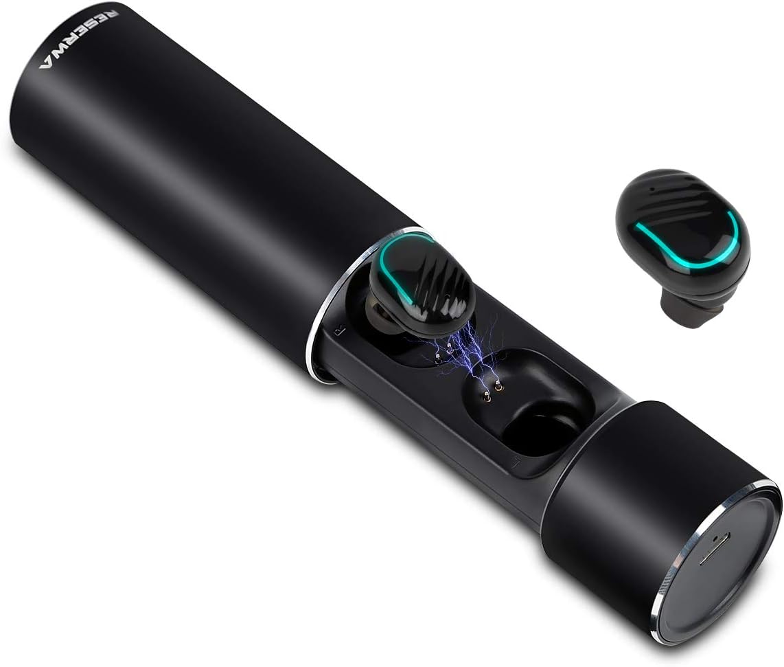 Reserwa True Wireless Stereo Earbuds V5.0 TWS Waterproof Bluetooth Headphones Earbuds with Charging Case Sport Headphones Richer Bass HiFi Stereo Earphones Noise Cancelling Headsets with Mic (Black)