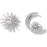925 Sterling Silver Stud Earrings CZ Sun and Moon Earrings for Women, Sparkly Moon and Star Earrings Asymmetric Jewelry Gift