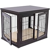 BIRDROCK HOME Decorative Dog Kennel with Pet Bed for Small Dogs - Espresso - Double Door - Wooden...