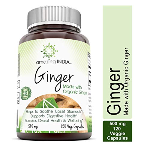 Amazing India Ginger (Made with Organic Ginger) 500 Mg, 120 Veggie Capsules (Non-GMO) - Helps Soothe Upset Stomach - Supports Digestive Health - Promotes Overall Health & Well-Being* Amazing India Ginger (Made with Organic Ginger) 500 Mg, 120 Veggie Capsules (Non-GMO) - Helps Soothe Upset Stomach - Supports Digestive Health - Promotes Overall Health & Well-Being*