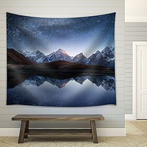 Night Sky with Stars and The Milky Way Over a Mountain Lake. Collage of Two Frames. Art Processing Photos - Fabric Wall Tapestry Home Decor - 51x60 inches