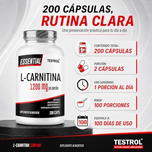 Carnitina Essential 1200mg por porción, L Carnitina Tartrato libre de Estimulantes para Hombre y Mujer, Calidad Premium | Testrol L-Carnitina Essential | TSN (200 CAPSULAS).