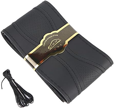 O SHI CAR 15 Inch Universal Artificial Leather Wheel Steering Cover Stitch On Wrap with Needle & Thread Anti-Slip Auto Steering-Wheel Case DIY Black