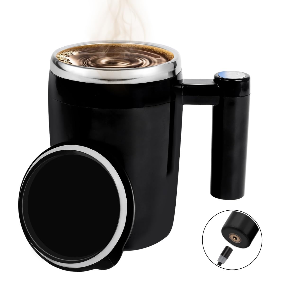 Self Stirring Mug,Rechargeable Auto Magnetic Stirring Coffee Cup,Black Stainless Steel Waterproof Automatic Mixing Mug for Milk and Cocoa in Office Kitchen Travel,14 oz Coffee cup