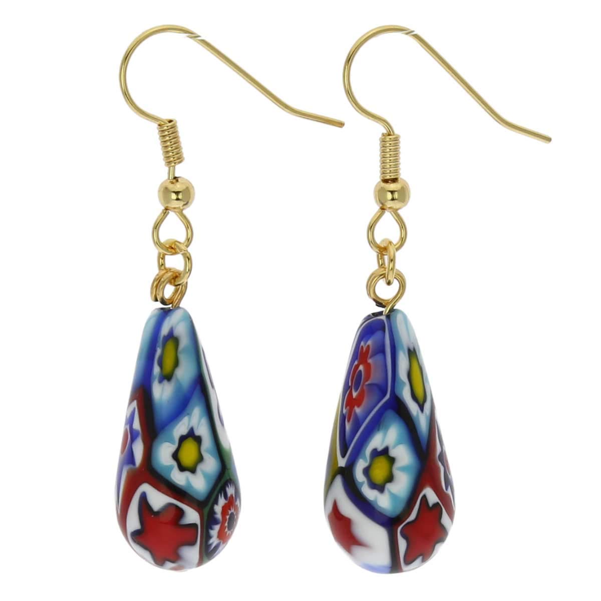 Glass Of Venice Italian Murano Glass Earrings Dangle Drop Multicolor Millefiori Flowers Gold-Plated - Murano Glass Earrings For Women