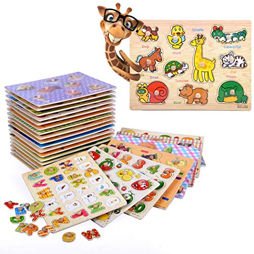 SIPLIV Wooden Pegged Puzzles Set Learning Puzzles Board for 2-5 Years Old Kids Preschool Early Education Toys and Games, 2 Pcs - Animals and Insects - Thumbnail 6