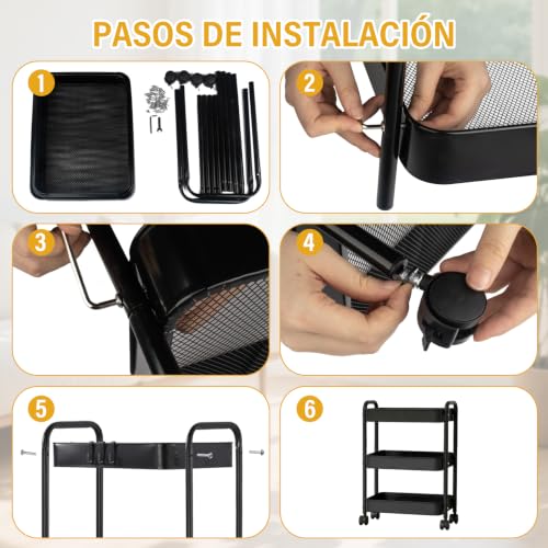 KIROGILY Carrito Organizador 3 Niveles, Carrito Organizador con Ruedas de Metal, Carritos Auxiliar con 4 Ganchos y 3 Cajas, Carritos de Servicio para Cocina Baño Estética (Negro)