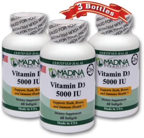 3 X Halal Vitamin D3 5000 IU - Made in USA by Madina Halal Vitamins