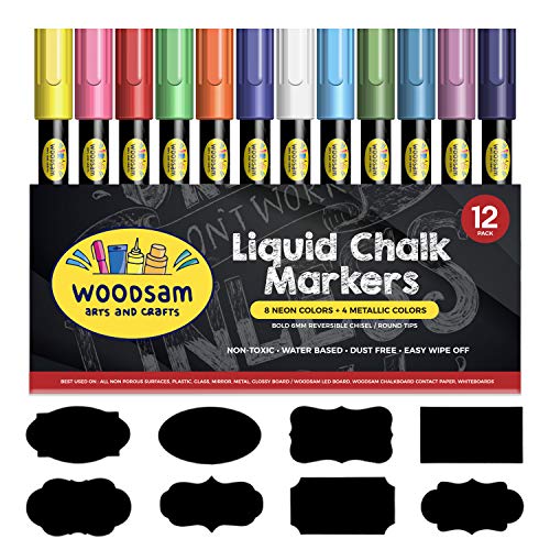 Woodsam 12 Ct Liquid Chalk Markers with 8 Neon, Bold and 4 Metallic Colors - Free 24 Chalkboard Labels - 6mm Chisel and Bullet Reversible Tips - Dry Erasable Marker - Chalk Pen for Chalkboard, Glass