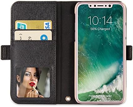 Luxury Leather Case For Apple iPhone X 10 with Wallet, ID/Credit/Metro Card Holder, Mirror &amp; Detachable Handle. Slim Protective Stand Wallet Cover Magnetic Closure.Best Choice for iPhone X (Black)