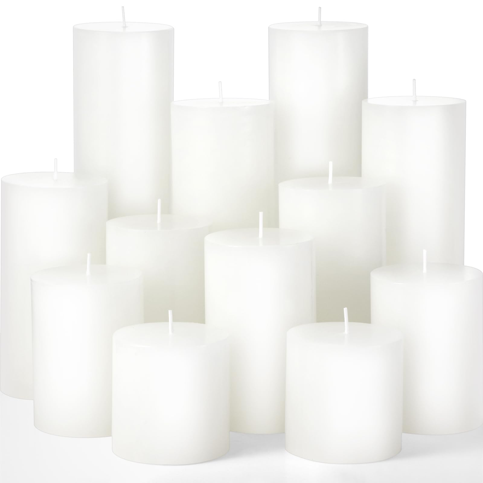 Photo 1 of Shihanee 12 Pcs Pillar Candles 3 in x 3,4,5,6,8,10 Dripless Unscented Smokeless Candle Long Burning Decorative Rustic Candles with Cotton Wick for Wedding Home Fireplace (White)