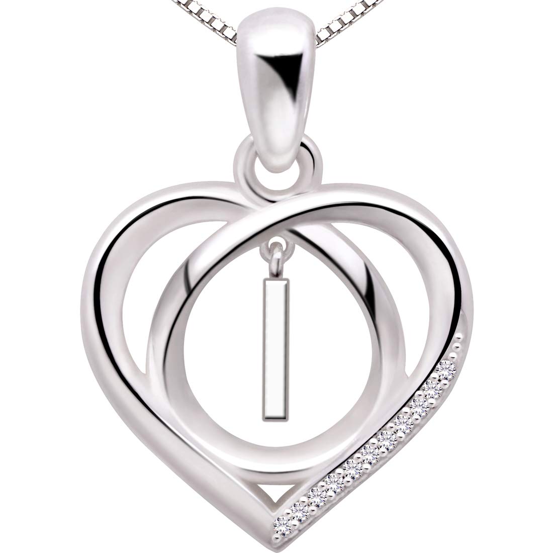 ALOV Jewelry Sterling Silver Initial I Letter Alphabet Love Heart Cubic Zirconia Pendant Necklace