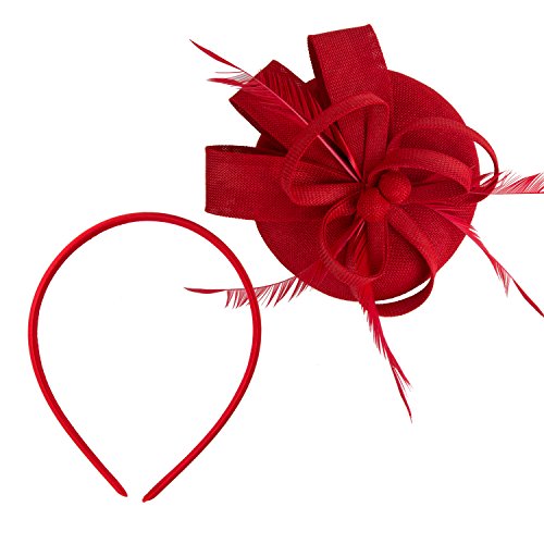 Acecharming Fascinators for Women, Feather Sinamay Fascinators with Headbands Tea Party Pillbox Hat Flower Derby Hats(Red-03)