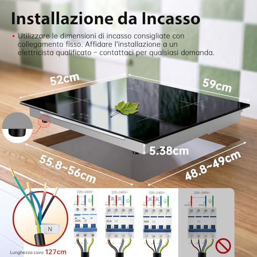 SNDOAS Piano Induzione 4 Fuochi 60 cm, 7000W Piano Cottura Induzione, Funzione Boost, 9 Livelli di Potenza, Timer 99 Min, Controllo Touch, Piastra Induzione Incasso, con Raschietto di Pulizia