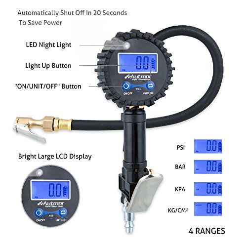 Onewell Digital Tire Inflator Gauge with 0.1 Display Resolution +200PSI Heavy Duty Air Chuck and Compressor Accessories With Rubber Hose and Quick Connect Plug for Truck, Automobile and Motorcycle - Thumbnail 2