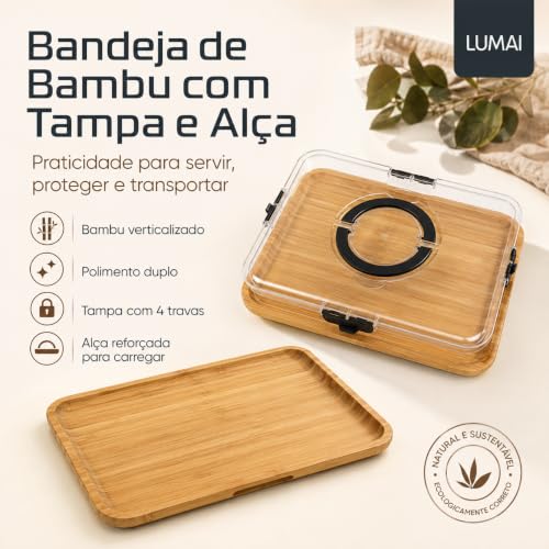 LUMAI Bandeja de Frios Paris com Tampa Acrílica, 4 Travas e Alça | Dupla Face Polida Impermeabilizada, Charcutaria, Queijos, Frios, Frutas, Servir, Carregar, Piquenique