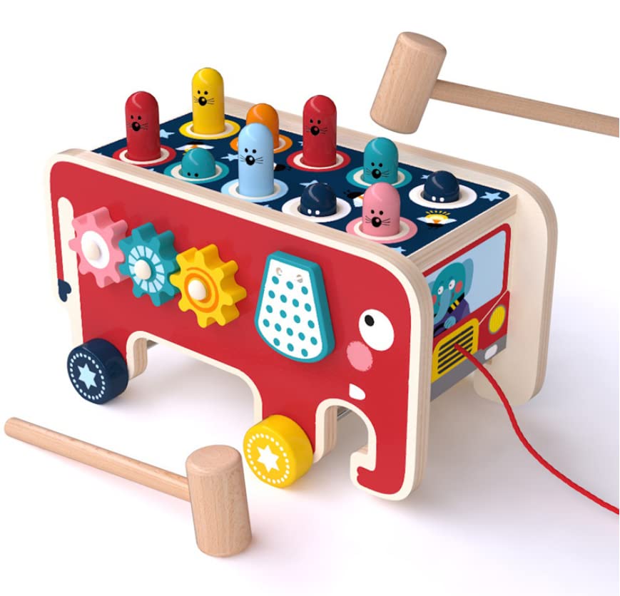 ZaxiDeel 4 in 1 Wooden Hammer Toys with 2 Mallets, Peg Pounding Bench