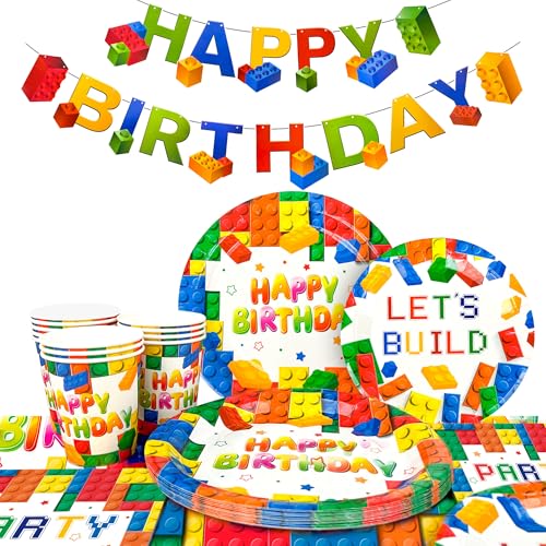 Building Blocks Party Tableware, 16 Guests Building Blocks for Parties Set Building Block Birthday Banner Plates Cups Napkins Tablecloths etc Tableware for Birthday Parties
