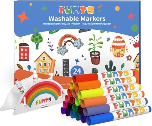 Funto Washable Markers, 24 Assorted Colors, Mess Free Coloring Drawing Markers, Perfect for Halloween Coloring Pages, Safe and Non-Toxic for Toddlers