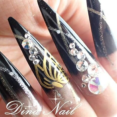 Amazon Dinaネイル 黒金蝶アート和風 ロングポイントll 05468番