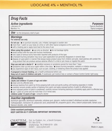ICY HOT LIDOCAINE PAIN RELIEF PATCHES, NUMB AGGRAVATED NERVES WITH MAX STRENGTH LIDOCAINE 4% AND MENTHOL 1%, FAST-ACTING PAIN RELIEF FOR MINOR PAIN, BACKACHES, SPRAINS AND STRAINS, 5 CT.
