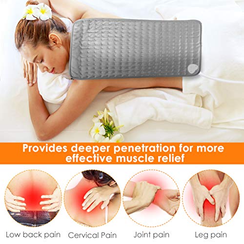Heating Pad with Fast-Heating Technology, 6 Temperature Settings & Machine Washable, Ultra-Soft Heat Therapy Pad for Cramps/Back/Knee/Neck and Shoulders (12" x 24") (Grey)