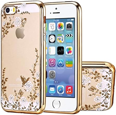 iPhone SE Case, Naoho® New Fashion Soft TPU Plating Frame Secret Garden with Diamond Case for iPhone SE/5/5S Phone Back Cover Silicon Gel Flower Ultra Thin Case ( Gold color White Flower)