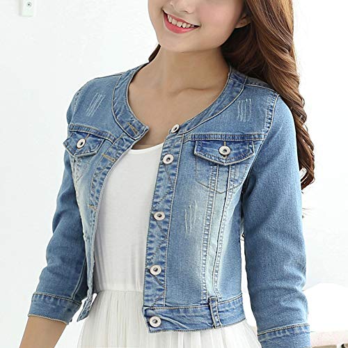 Women's Short Denim Jacket Round Neck Denim Three Quarter Sleeves Light Blue Jacket (Light Blue, 2XL)