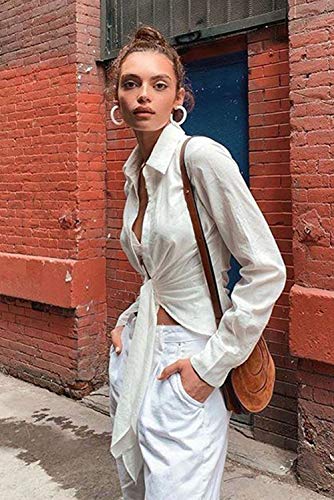 Donnalla 2019 Women Deep V Neck Long Sleeve Shirt Tie Front Kimono Cover Up Casual Blouse Tops (White, Size L)