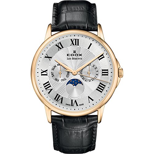Edox Men's 'Les Bemonts' Swiss Quartz Stainless Steel and Leather Dress Watch, Color:Black (Model: 40002 37J AR)