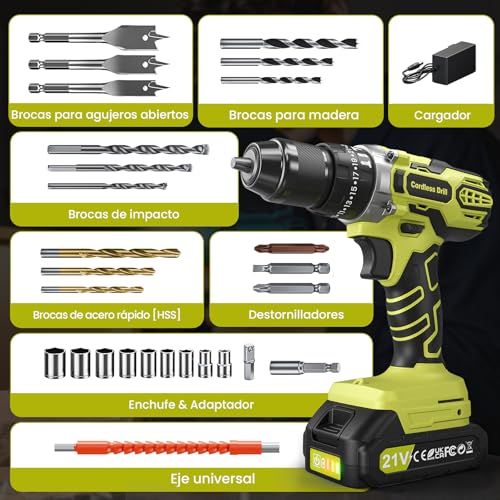 VIWKO 21V Battery Hammer Drill, 25+3 Adjustment Cordless Hammer Drill, 45NM Drill Driver Battery, 2x2.0Ah Batteries, 2 Speed, 10 mm Metal Drill Chuck, 29 Accessories, LED