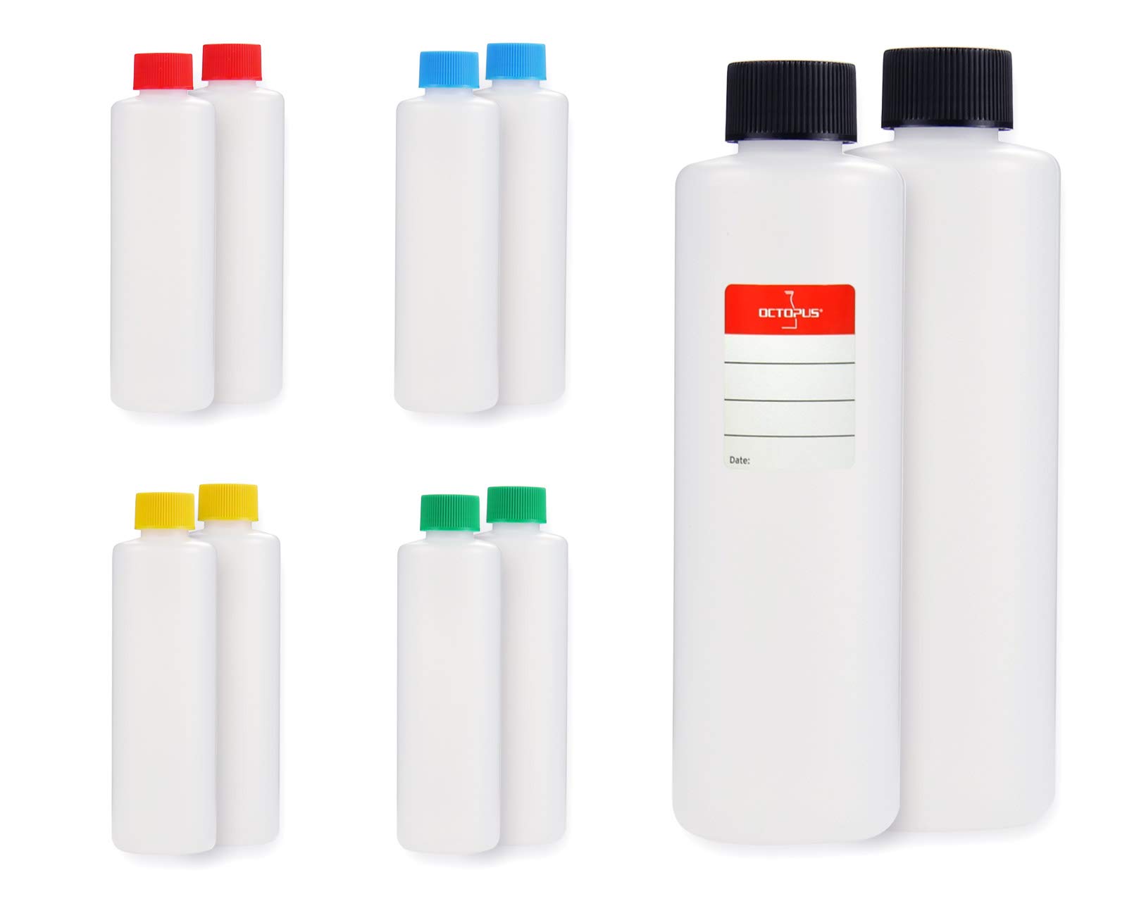 Octopus 10-Pack 250ml HDPE Plastic Round Bottles with Colorful Screw Caps, Includes 10 Labels